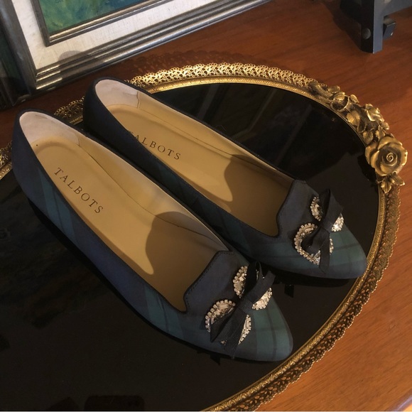 🎁 2 FOR $60 Talbots Blue & Green Plaid Pointed Toe Flats Rhinestone Bow - Picture 4 of 13